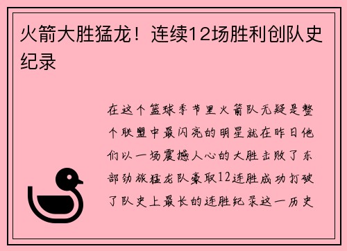 火箭大胜猛龙！连续12场胜利创队史纪录